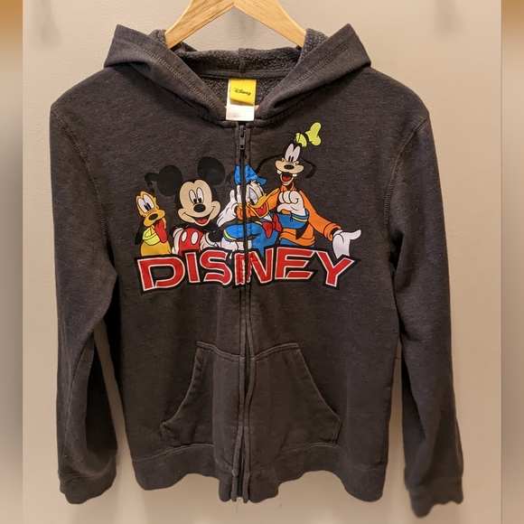 Disney Grey Zip Hoodie Youth 14/16 Mickey Goofy Donald Duck Pluto - Picture 1 of 4